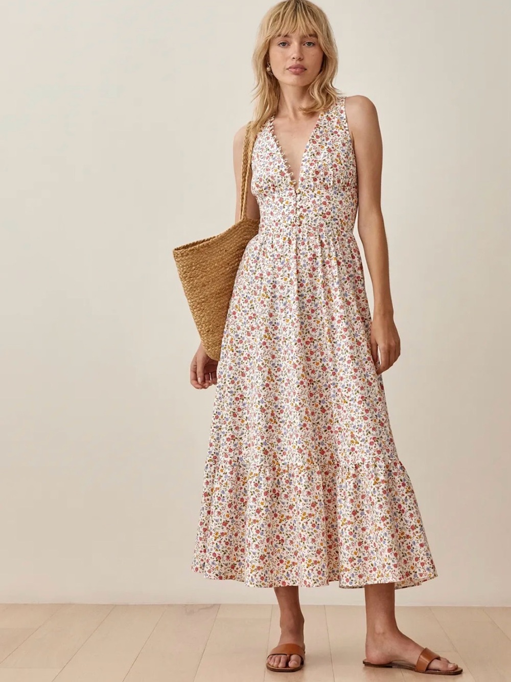 Reformation White Floral Midi Dress with Pink, Yellow and Green Print - Picture 1 of 5